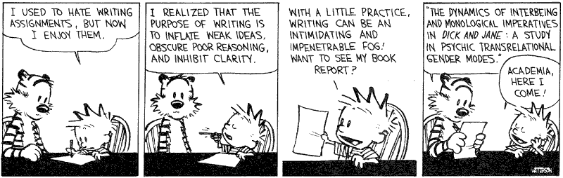 Calvin and Hobbes cartoon about the opacity of academic writing